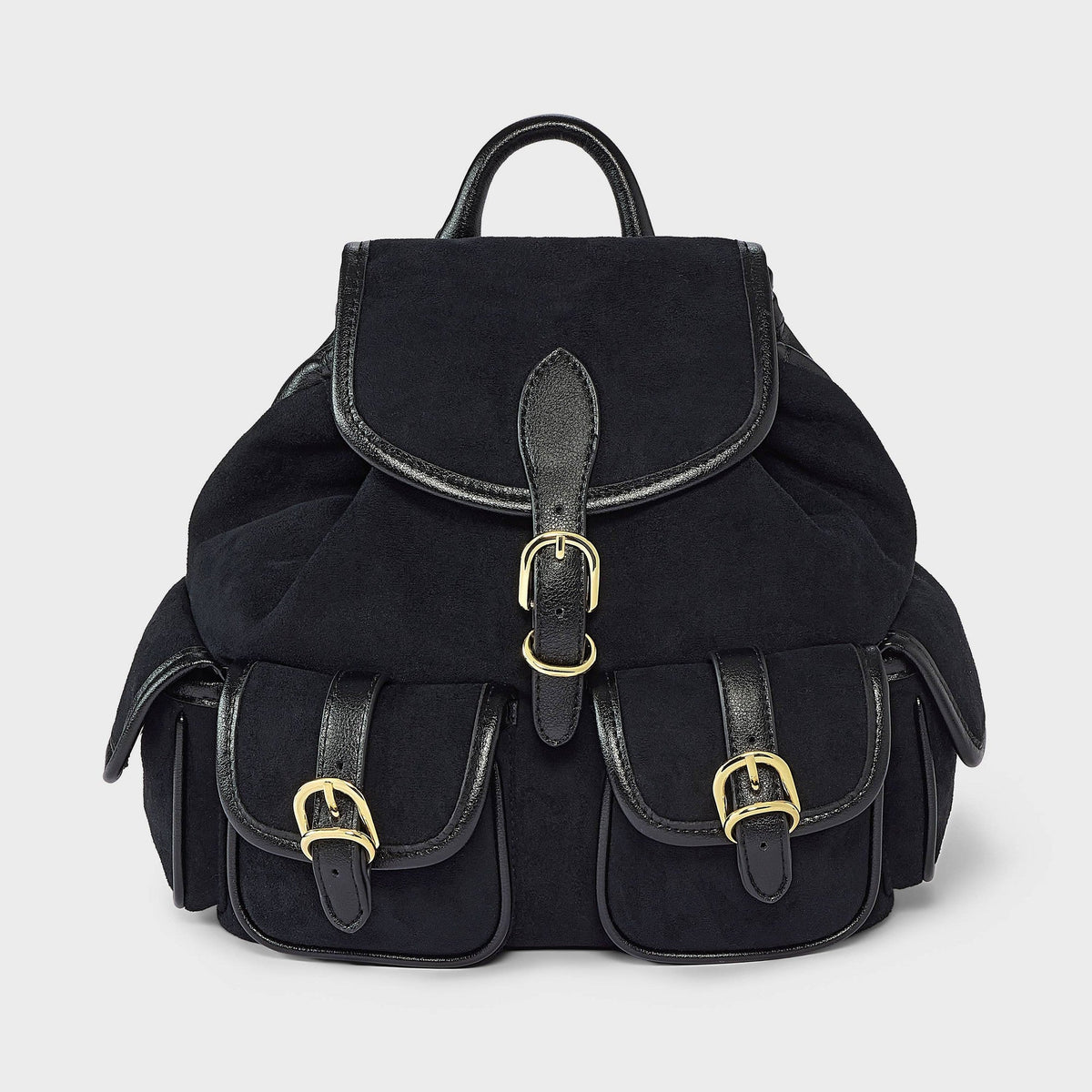 Universal Thread mochila mini negra de gamuza sintética con solapa y dos bolsillos frontales con hebillas #color_UT Black