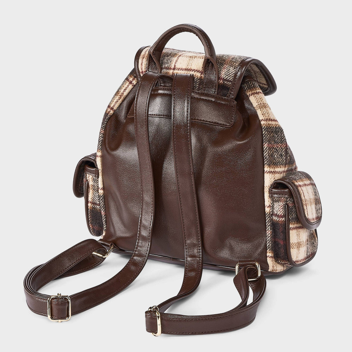 Universal Thread mochila mini Brown/Beige con cuadros café y beige con asa superior, correas ajustables y bolsillos laterales #color_UT Brown/Beige