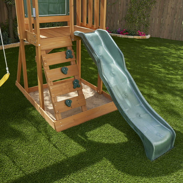 Juego de columpios de madera para exteriores con tobogán, pared de tiza, dosel y pared de roca