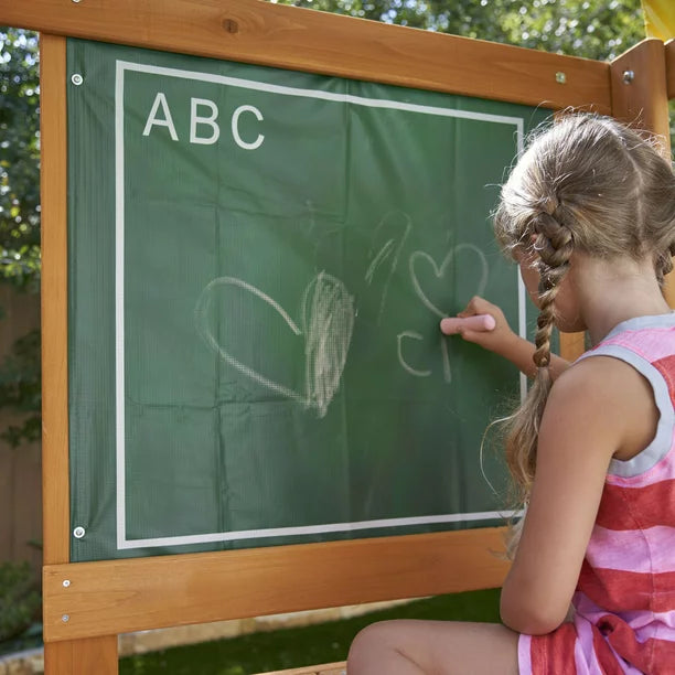 Juego de columpios de madera para exteriores con tobogán, pared de tiza, dosel y pared de roca