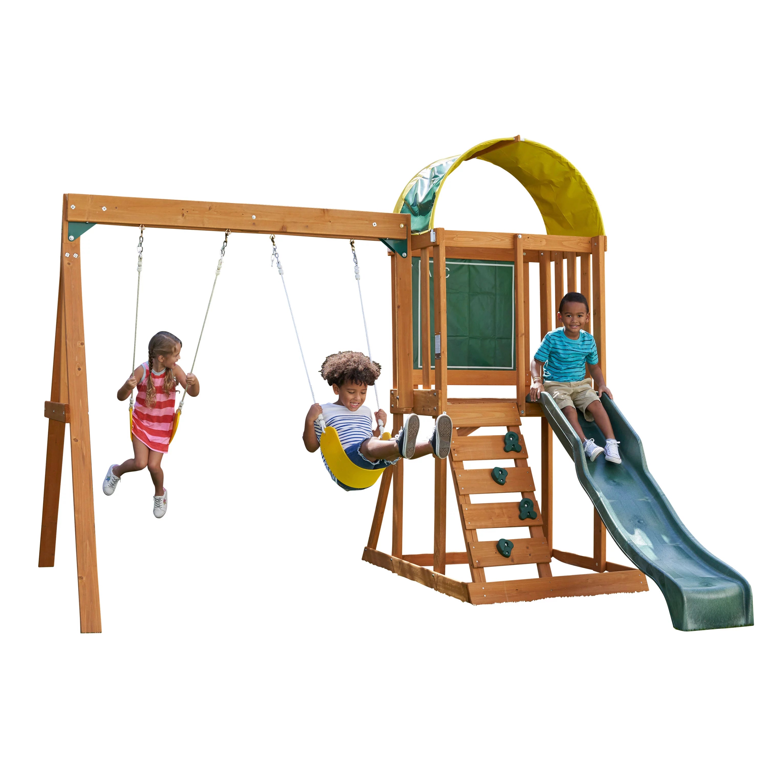 Juego de columpios de madera para exteriores con tobogán, pared de tiza, dosel y pared de roca