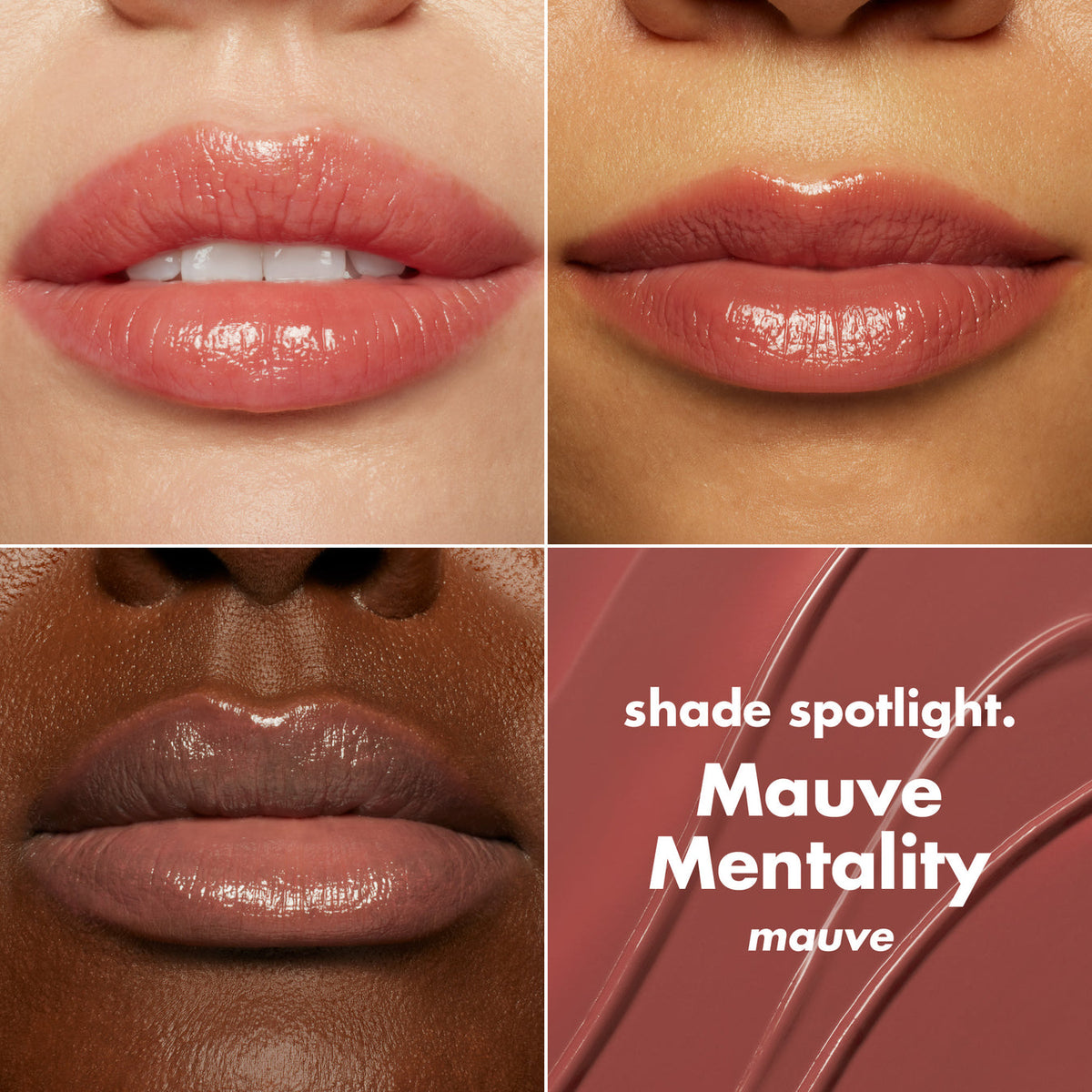 e.l.f. Glow Reviver Lip Oil Stick, tono Mauve Mentality aplicado sobre distintos tonos de piel #color_ELF Mauve Mentality