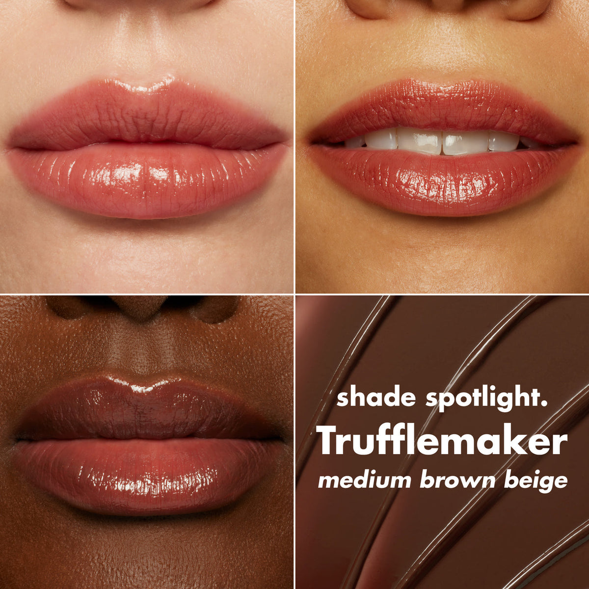 e.l.f. Glow Reviver Lip Oil Stick, tono Trufflemaker aplicado sobre distintos tonos de piel #color_ELF Trufflemaker