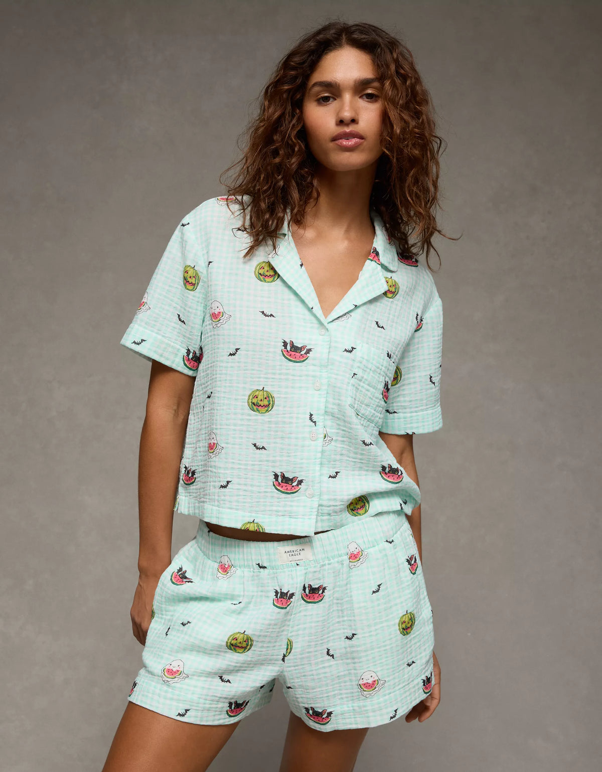 Pijama de algodón American Eagle Mint, foto 1 del conjunto de camisa y shorts