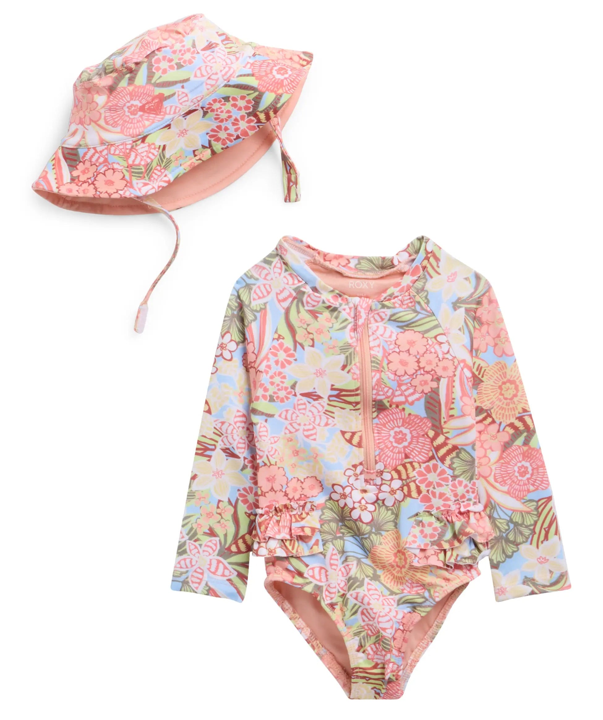 Long Sleeve One-Piece Rashguard Swimsuit & Hat Set