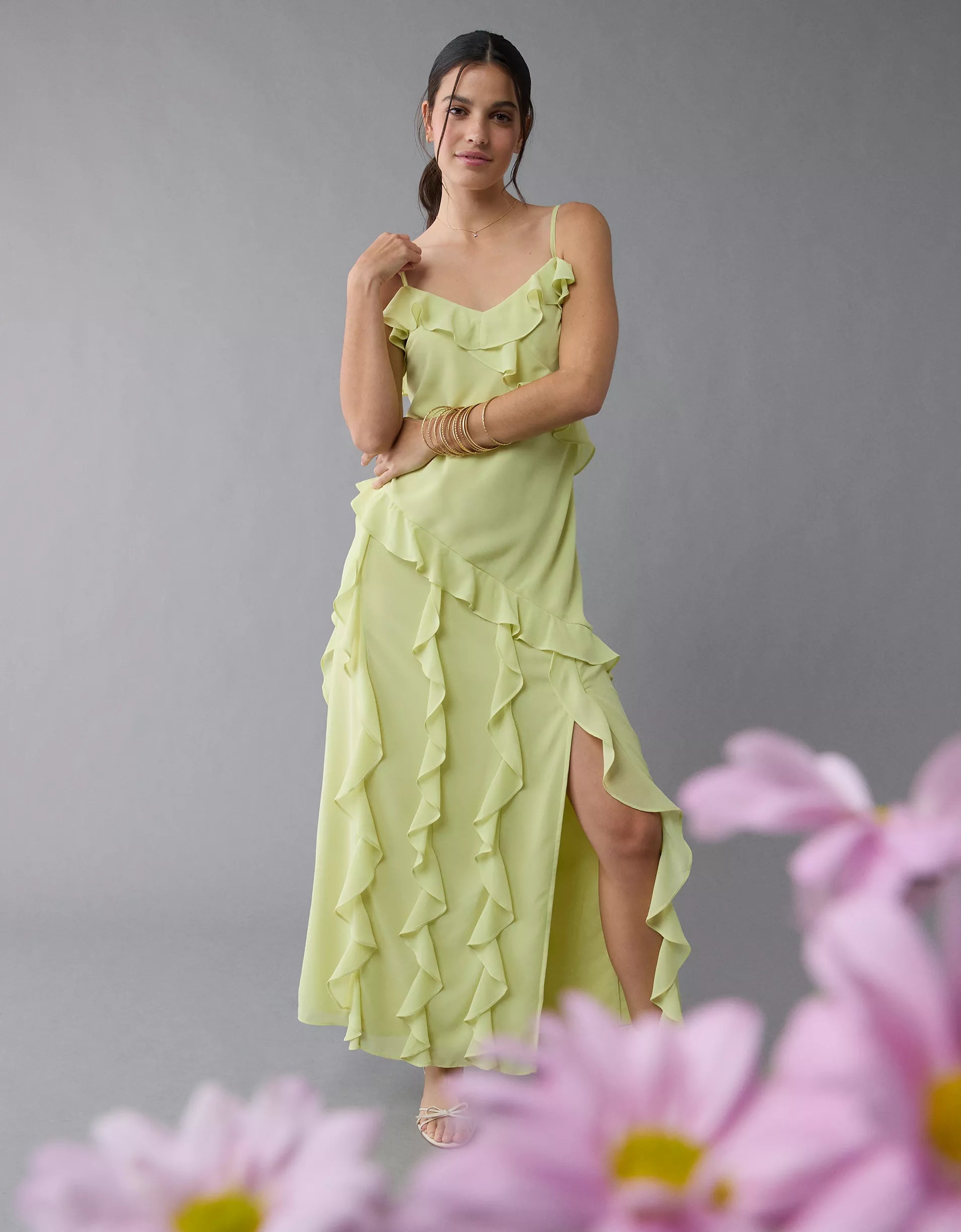 AE Asymmetrical Ruffle Maxi Slip Dress