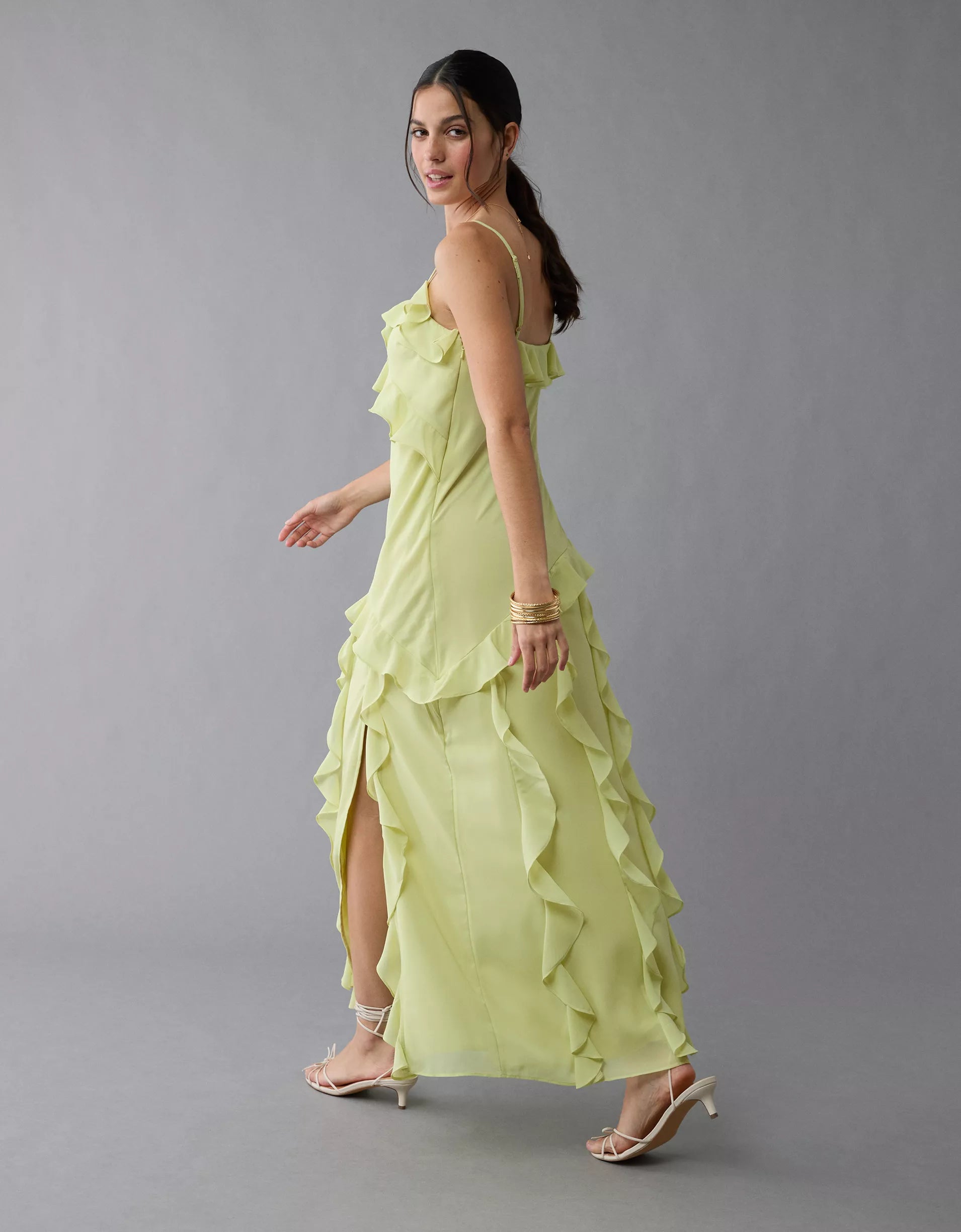 AE Asymmetrical Ruffle Maxi Slip Dress