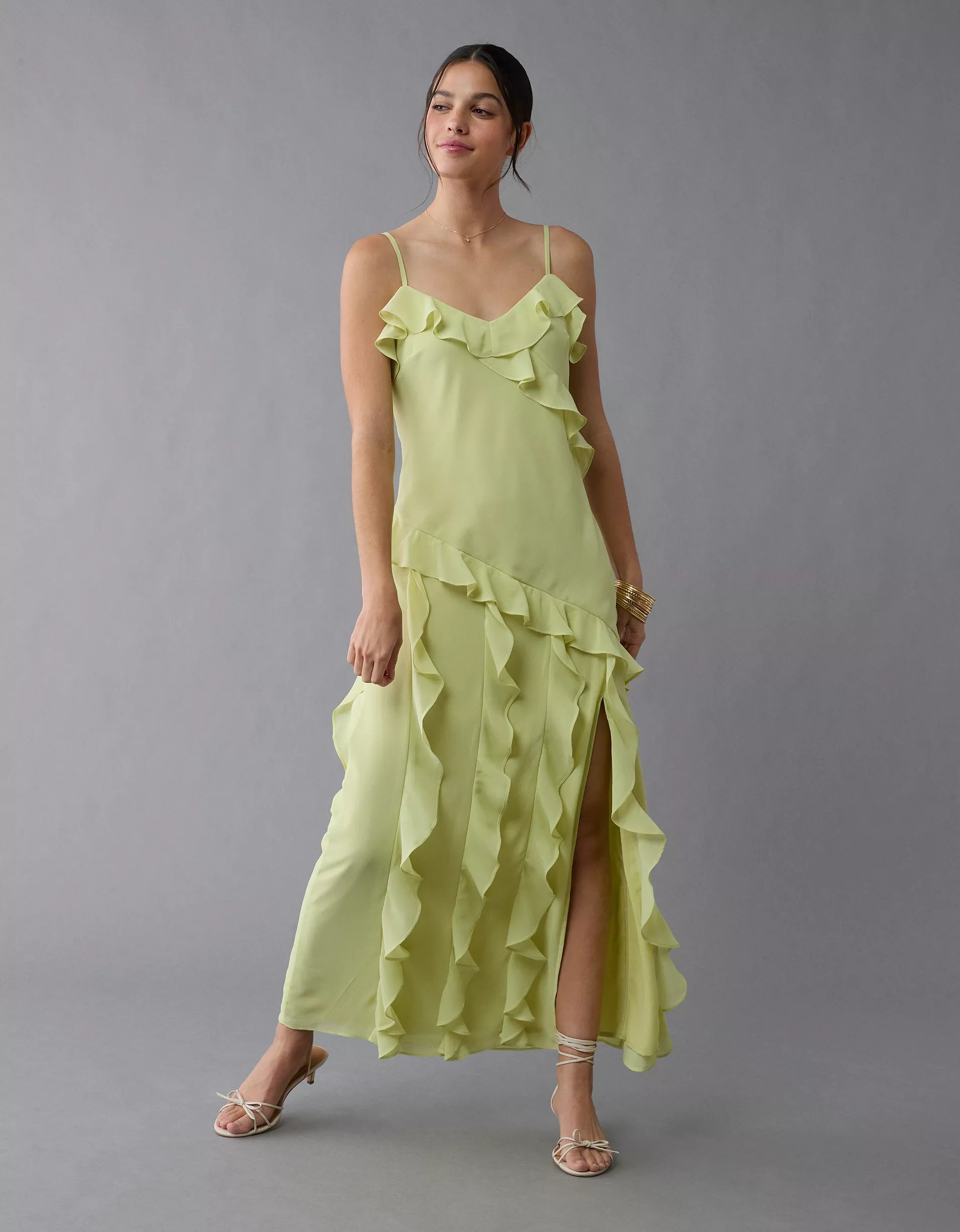 AE Asymmetrical Ruffle Maxi Slip Dress