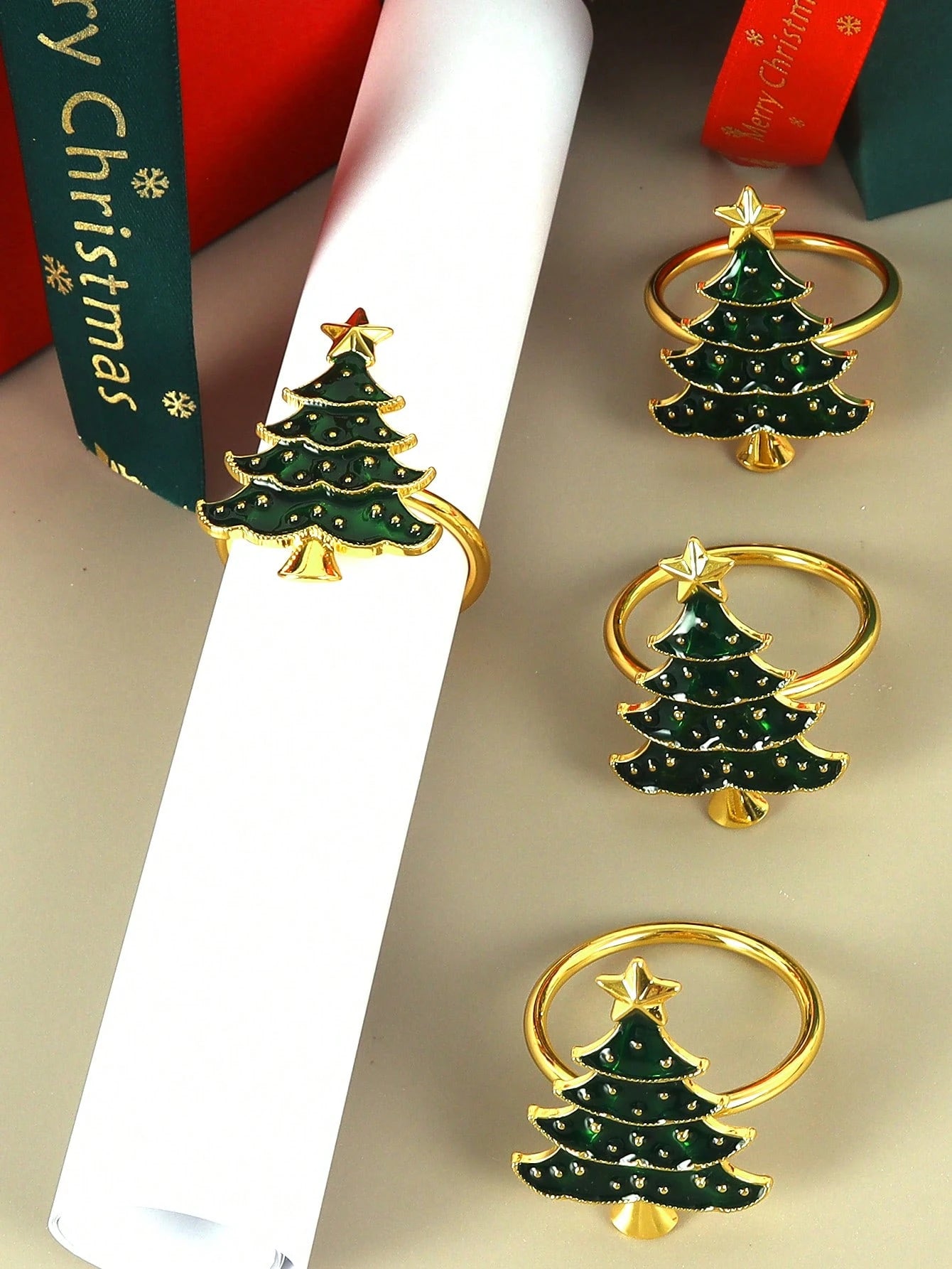 Anillos De Servilleta Con Forma De Árbol De Navidad Verde Con Efecto De Gotas De Aceite