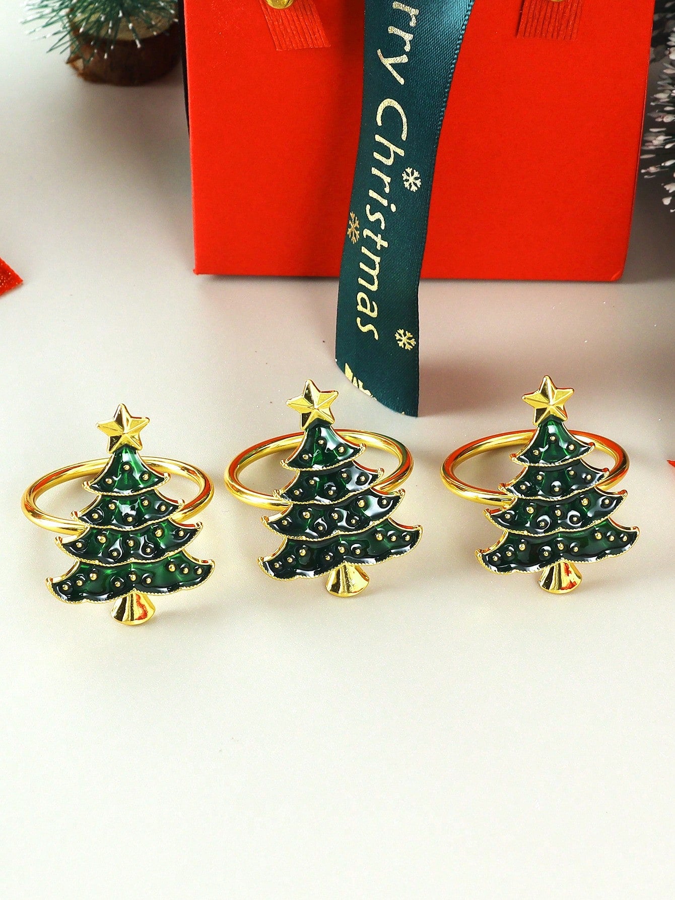 Anillos De Servilleta Con Forma De Árbol De Navidad Verde Con Efecto De Gotas De Aceite