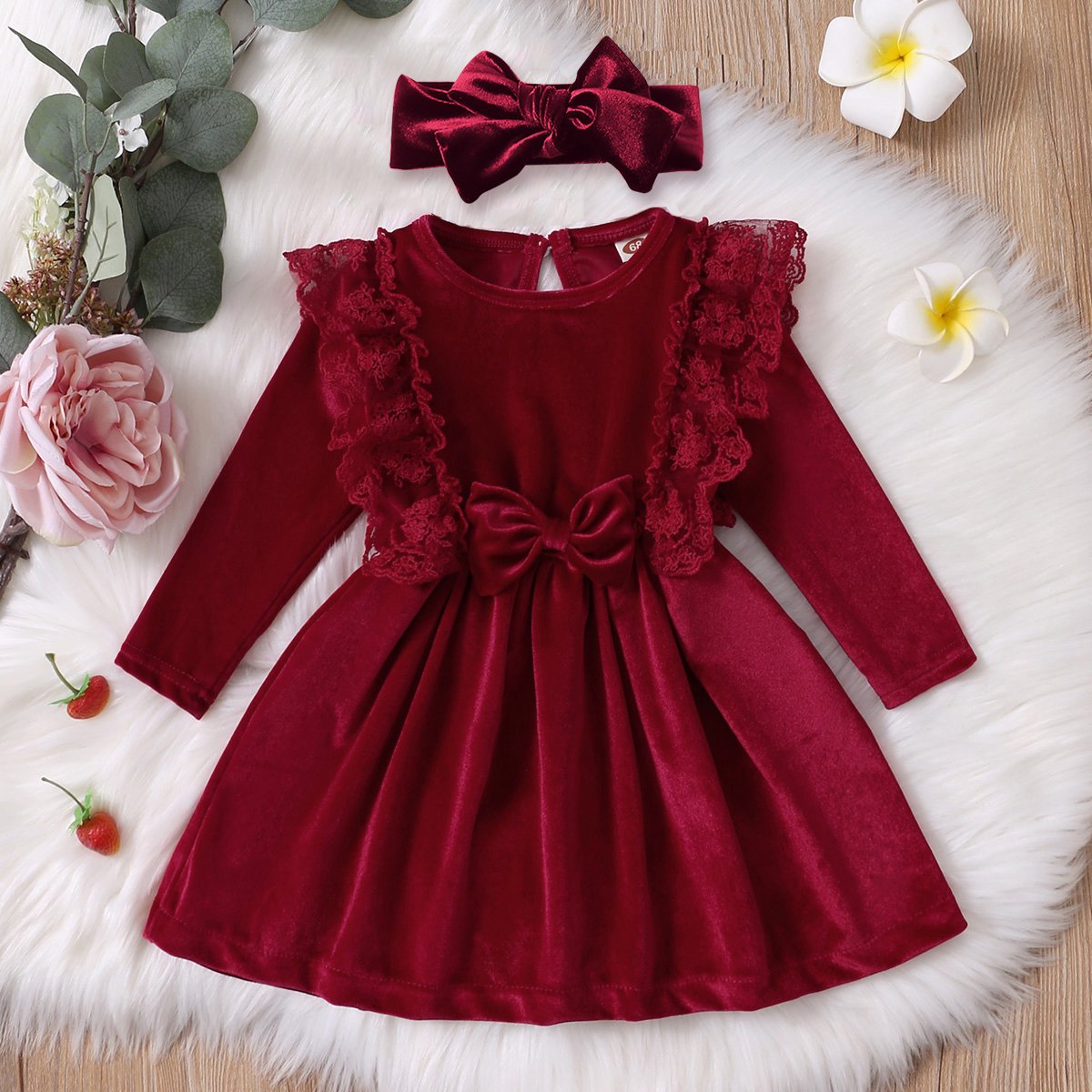Vintage Princess Toddler Baby Girl Long Sleeve Velvet Ruffle Tutu Lace Dress