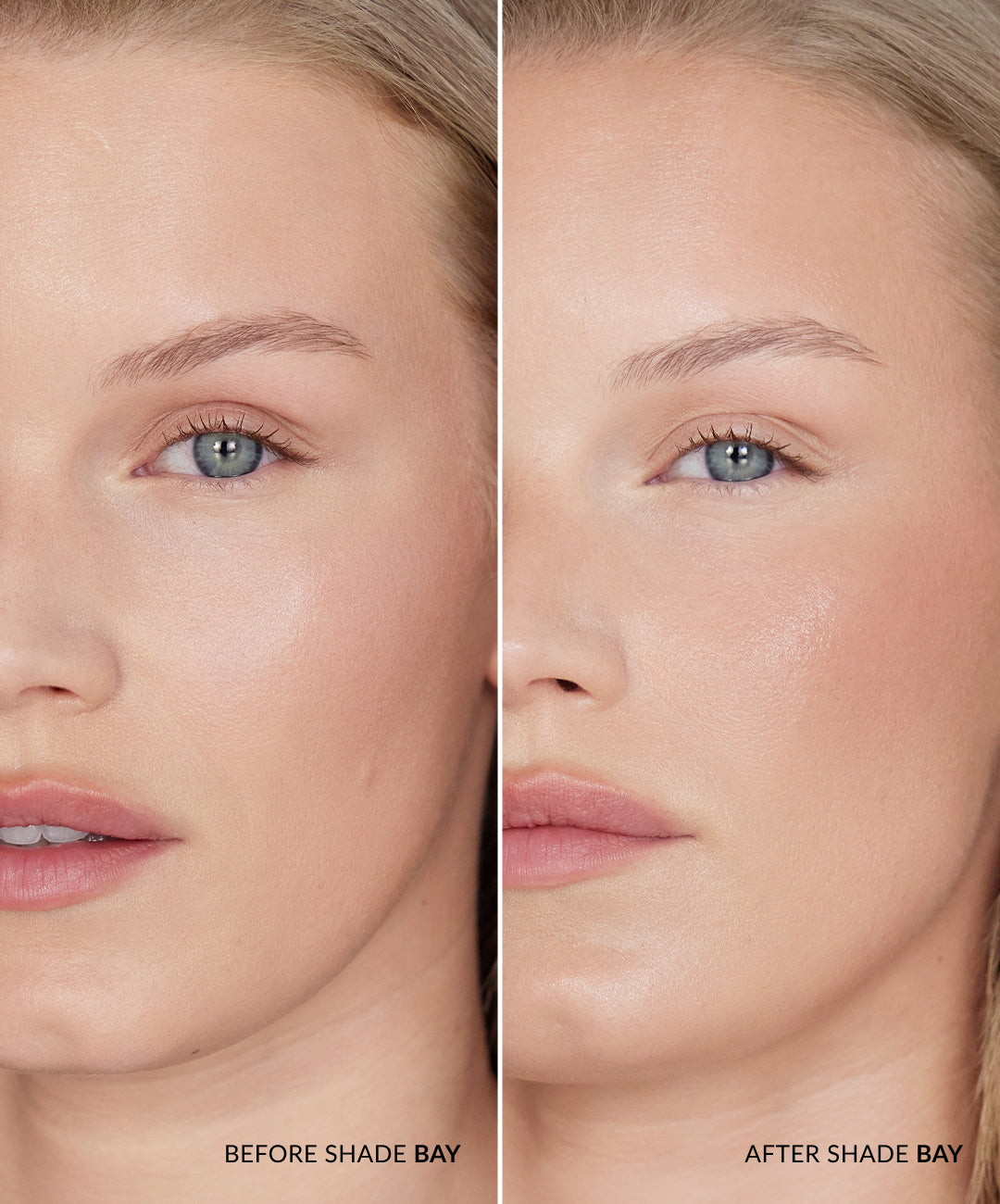 REFY Water Bronzer tono Bay, antes y después con acabado luminoso #color_REFY Bay