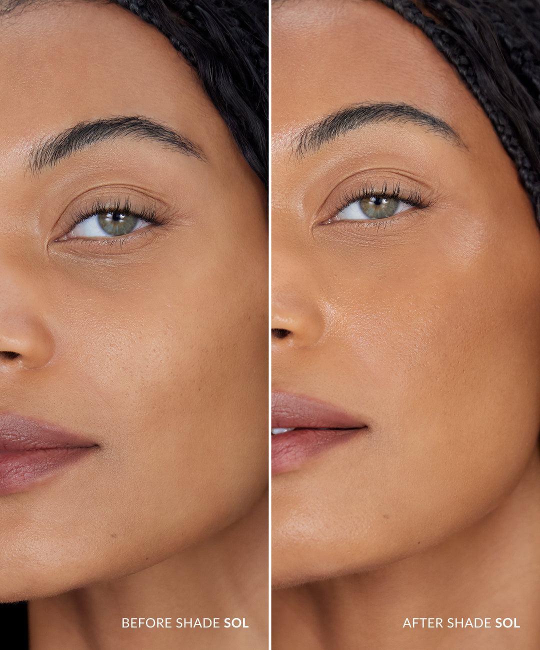 REFY Water Bronzer tono Sol, antes y después con bronceado cálido #color_REFY Sol