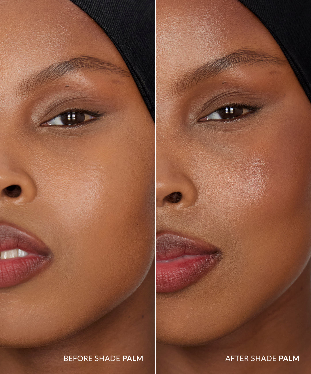 REFY Water Bronzer tono Palm, antes y después sobre piel profunda #color_REFY Palm