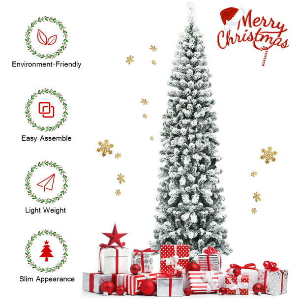 Árbol de Navidad Artificial Delgado de 7.5" pies (2.28 metros) Decorado con Nieve y Bisagras sin Iluminación