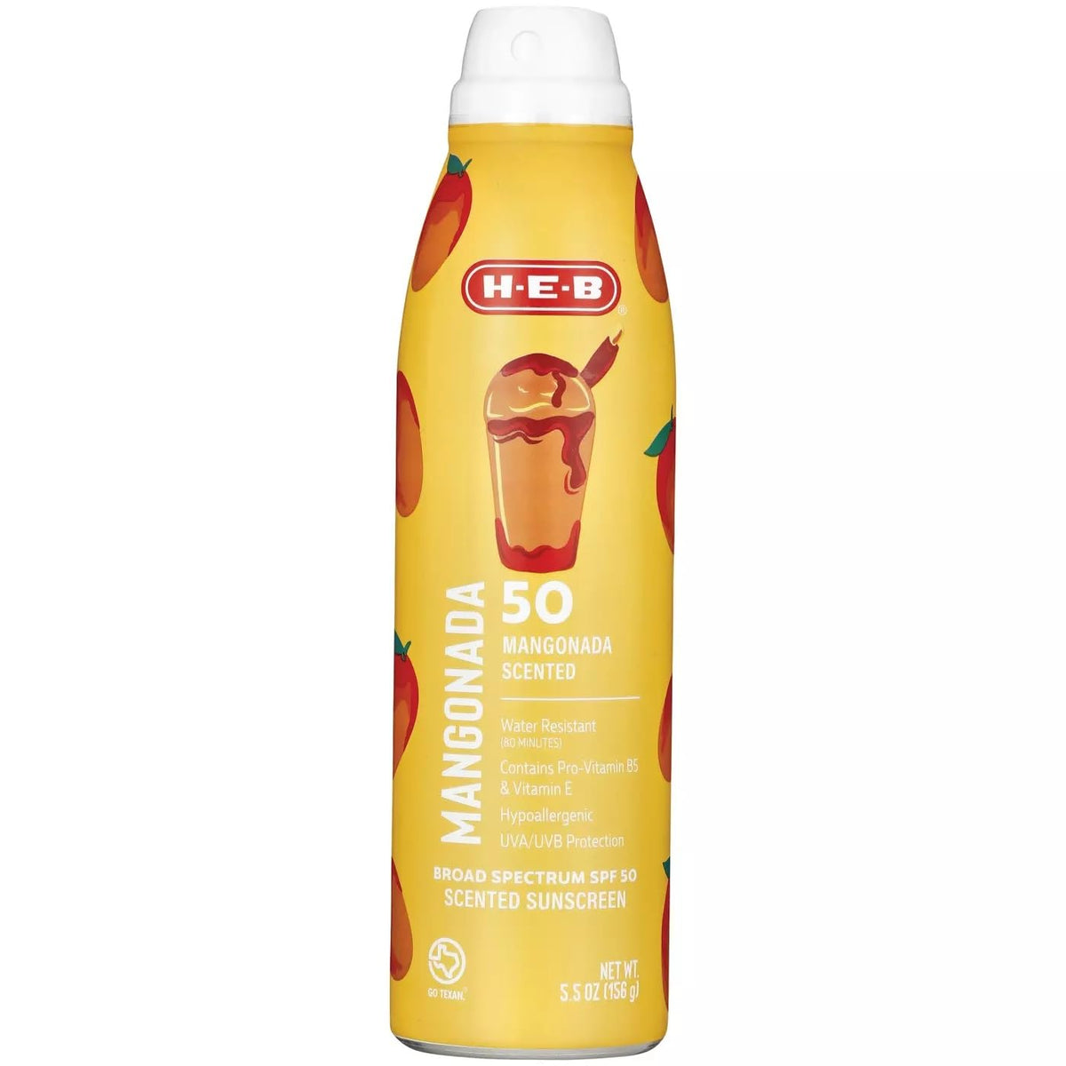 H-E-B protector solar SPF 50 en aerosol con aroma a mangonada, envase amarillo con detalles de mango y mangonada de 156 gr