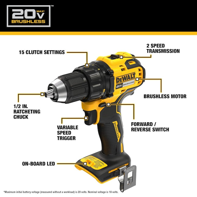 DEWALT 20-volt Max 1/2-in Keyless Brushless Cordless Drill 1 -Batteries Included (Soft Bag Included)
