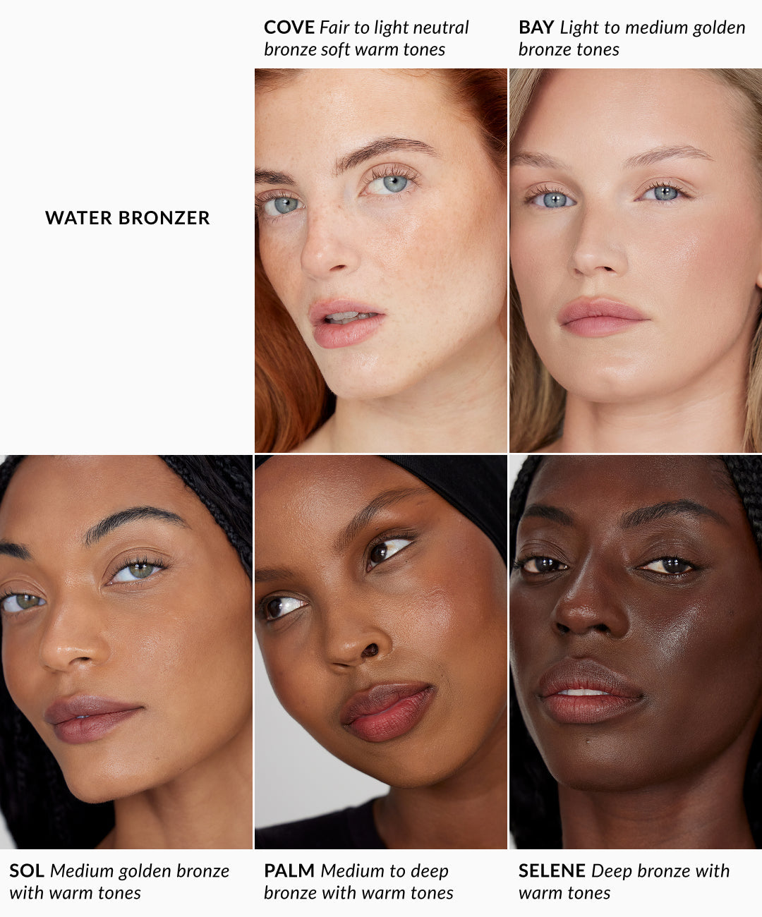 Guía de tonos REFY Water Bronzer Cove Bay Sol Palm y Selene