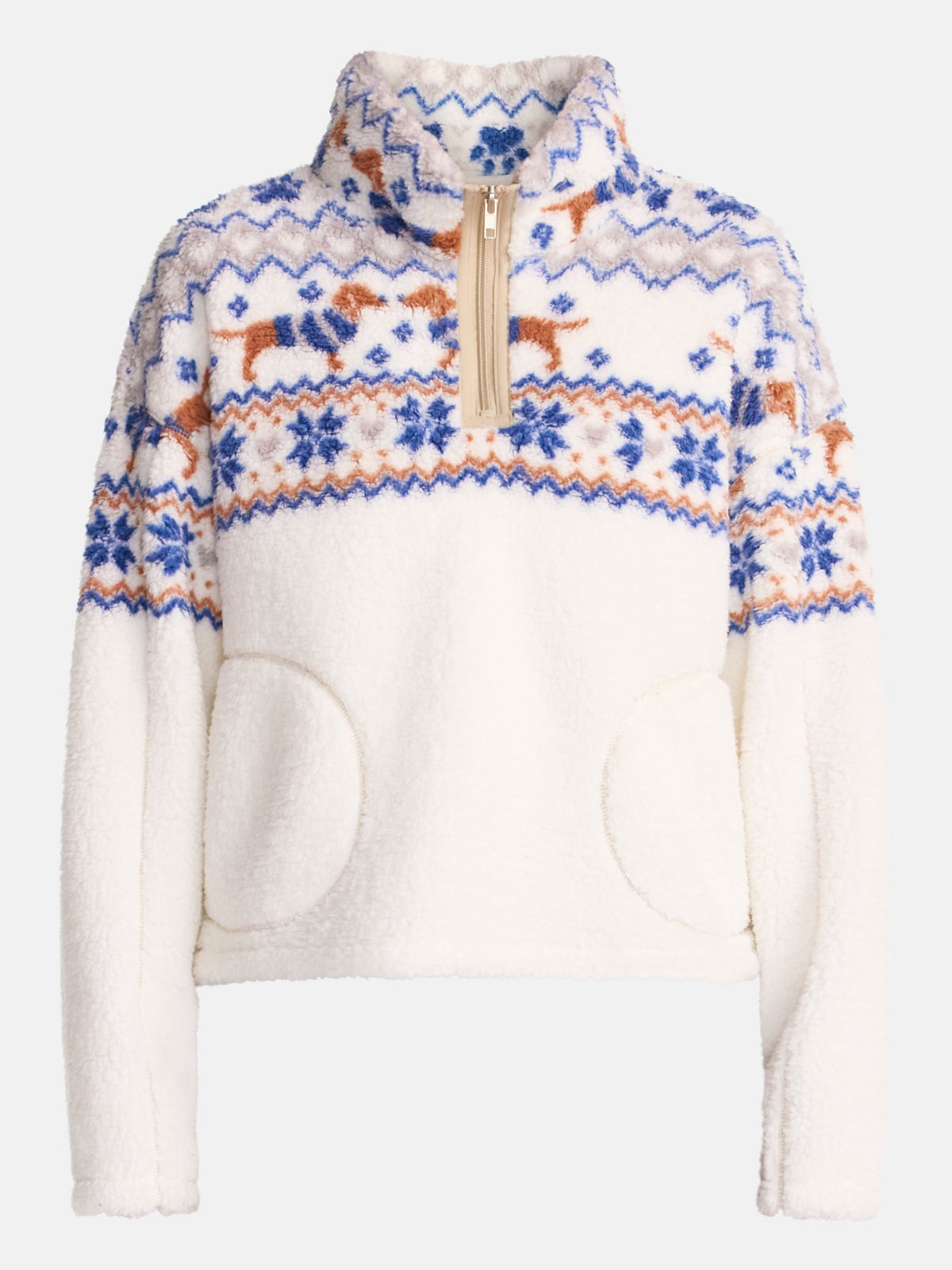 No Boundaries Faux Shearling Plush Pullover para mujer, NOB Winter White Dogs, fotografía complementaria de la sudadera #color_NOB Winter White Dogs
