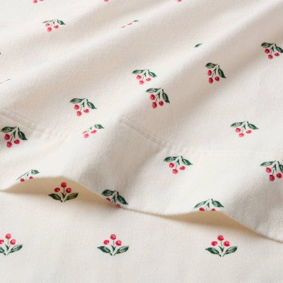 Threshold Holiday Flannel Sheet Set, Cream colored sheet with small red colored berry clusters and green colored leaves printed in a… #color_THRESHOLD Berry
