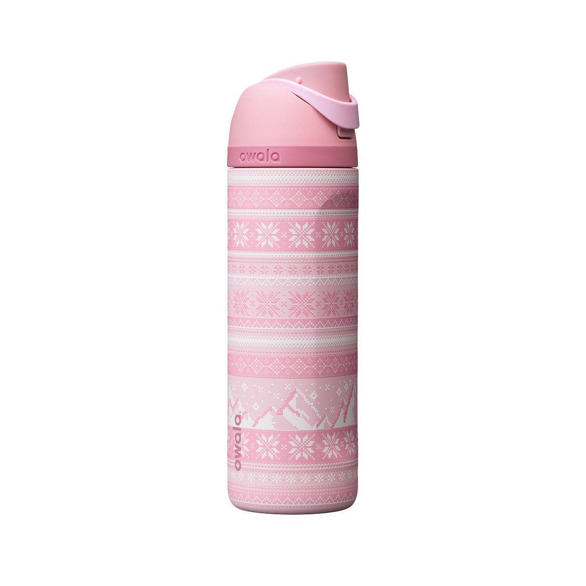 Owala FreeSip Cozy Does It de 710 ml, termo rosa con renos y copos de nieve blancos