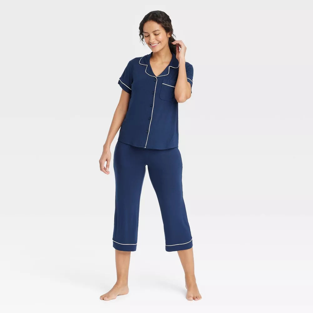 Conjunto de dormir Auden para mujer con cuello camisero y cintura elástica #Color_Navy Blue