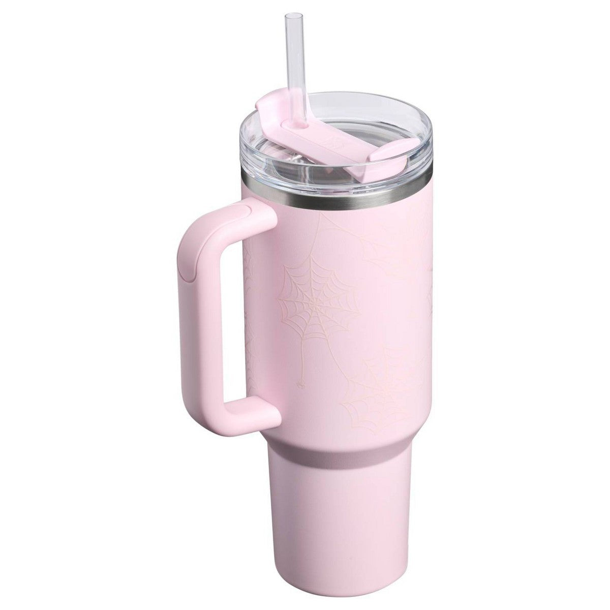 Vista posterior y superior del Stanley Quencher Pink Sugar Spider Webs con diseño de telarañas #tamaño_1183 ml / 40 oz