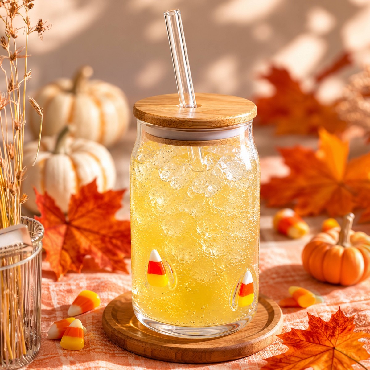 Tumbler Candy Corn Madison Home con tapa de madera y popote de vidrio