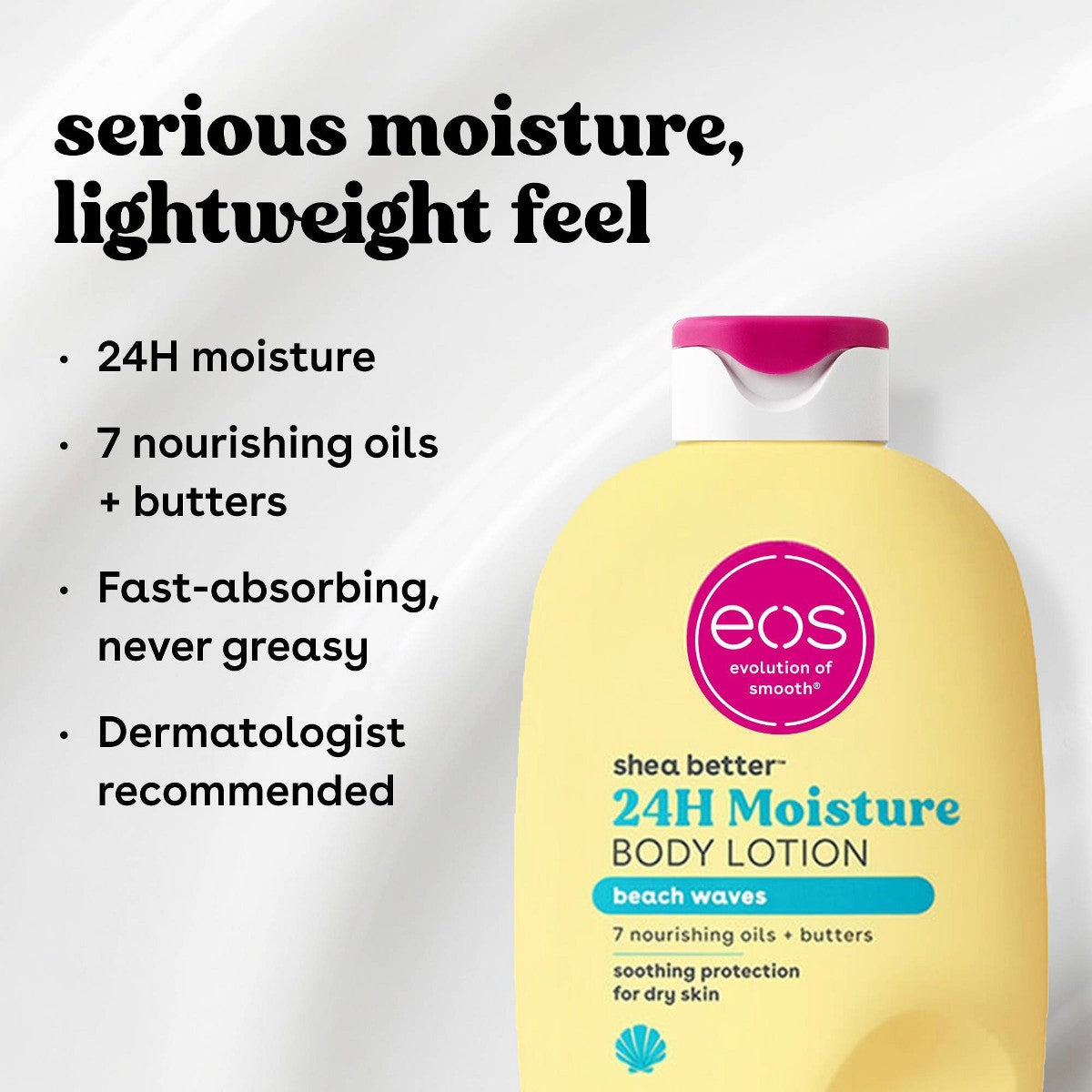 Beneficios de hidratación 24 horas de eos Shea Better Body Lotion Beach Waves