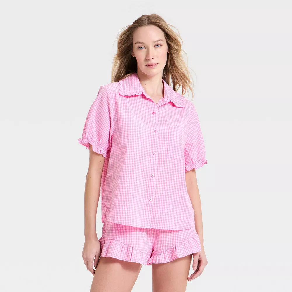 Women's Mommy & Me Ruffle Short Sleeve Notch Collar Shirt and Shorts Pajama Set