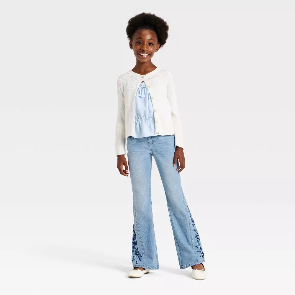 Girls' Flare Floral Jeans