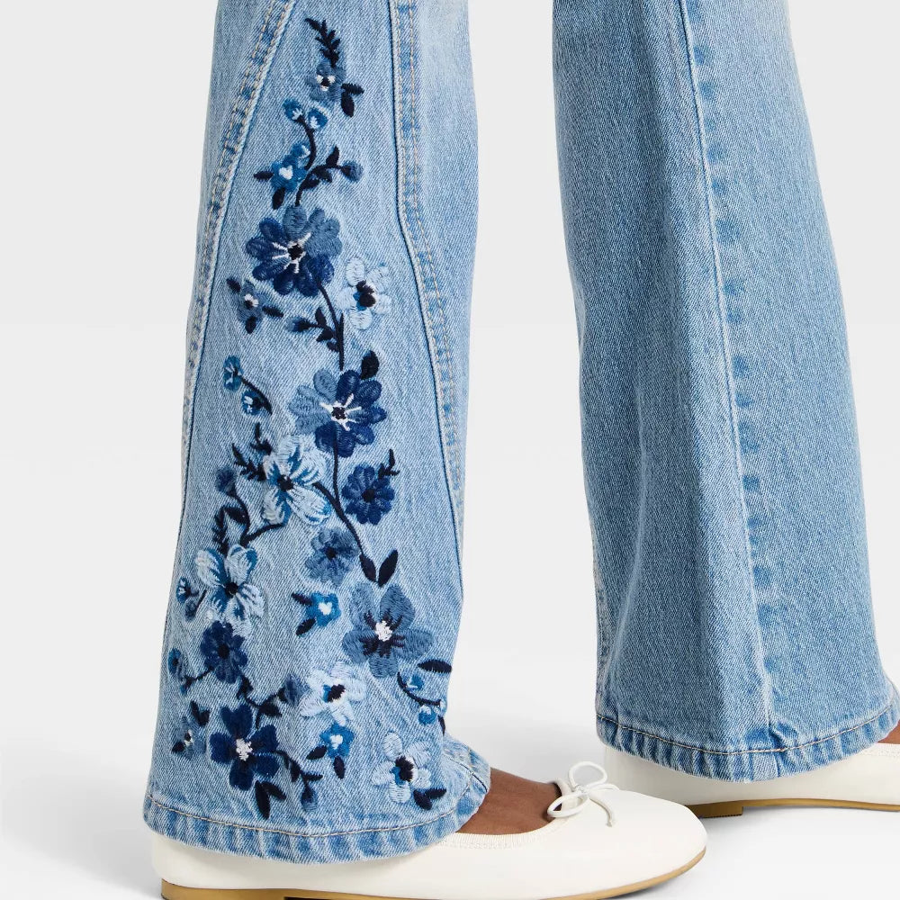 Girls' Flare Floral Jeans