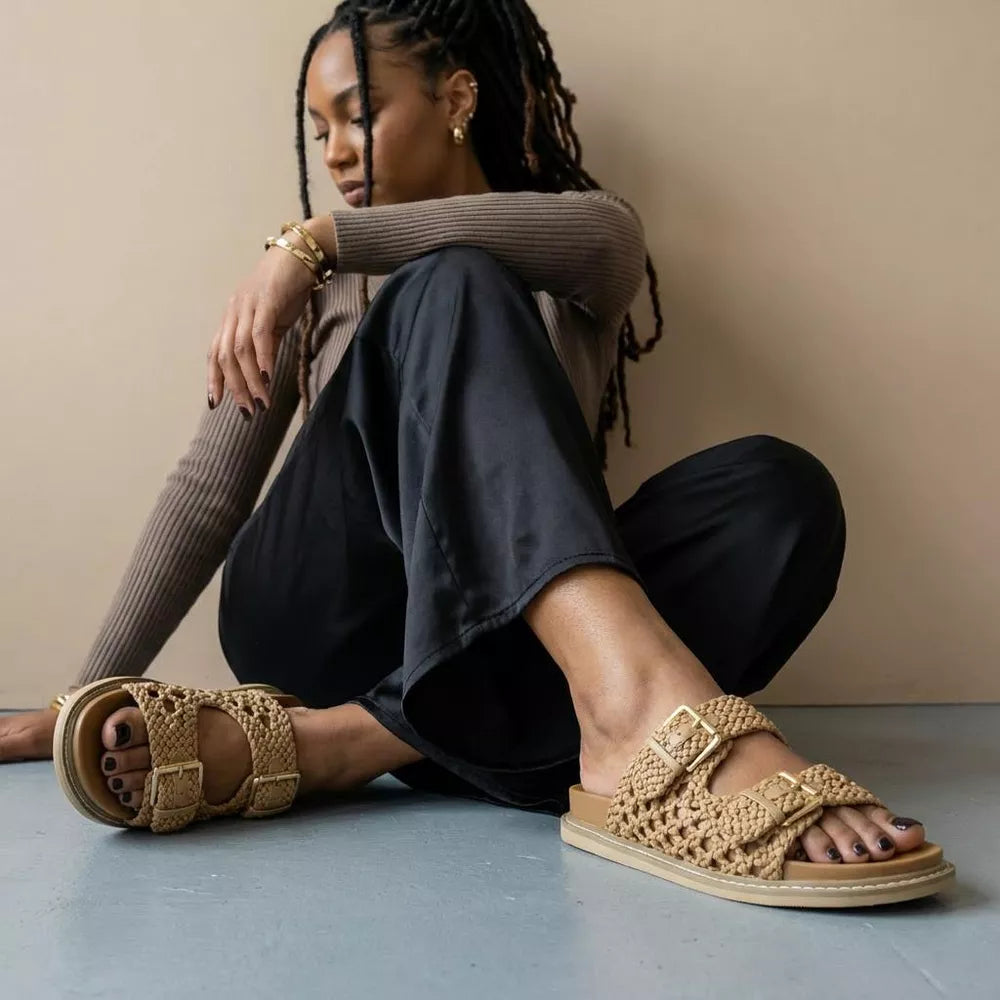 Sandalias casuales de doble hebilla para mujer #color_CUS Tan