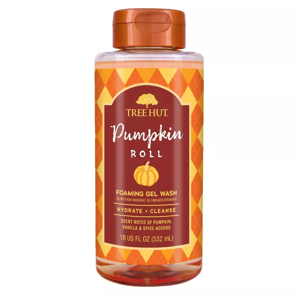 Tree Hut Pumpkin Roll Foaming Gel Body Wash, gel de baño corporal con aroma a calabaza y vainilla, envase frontal