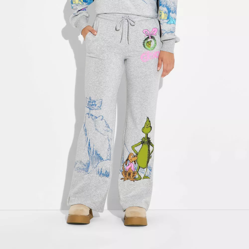 Women's Grinch Wide Leg Graphic Pants - Heather Gray