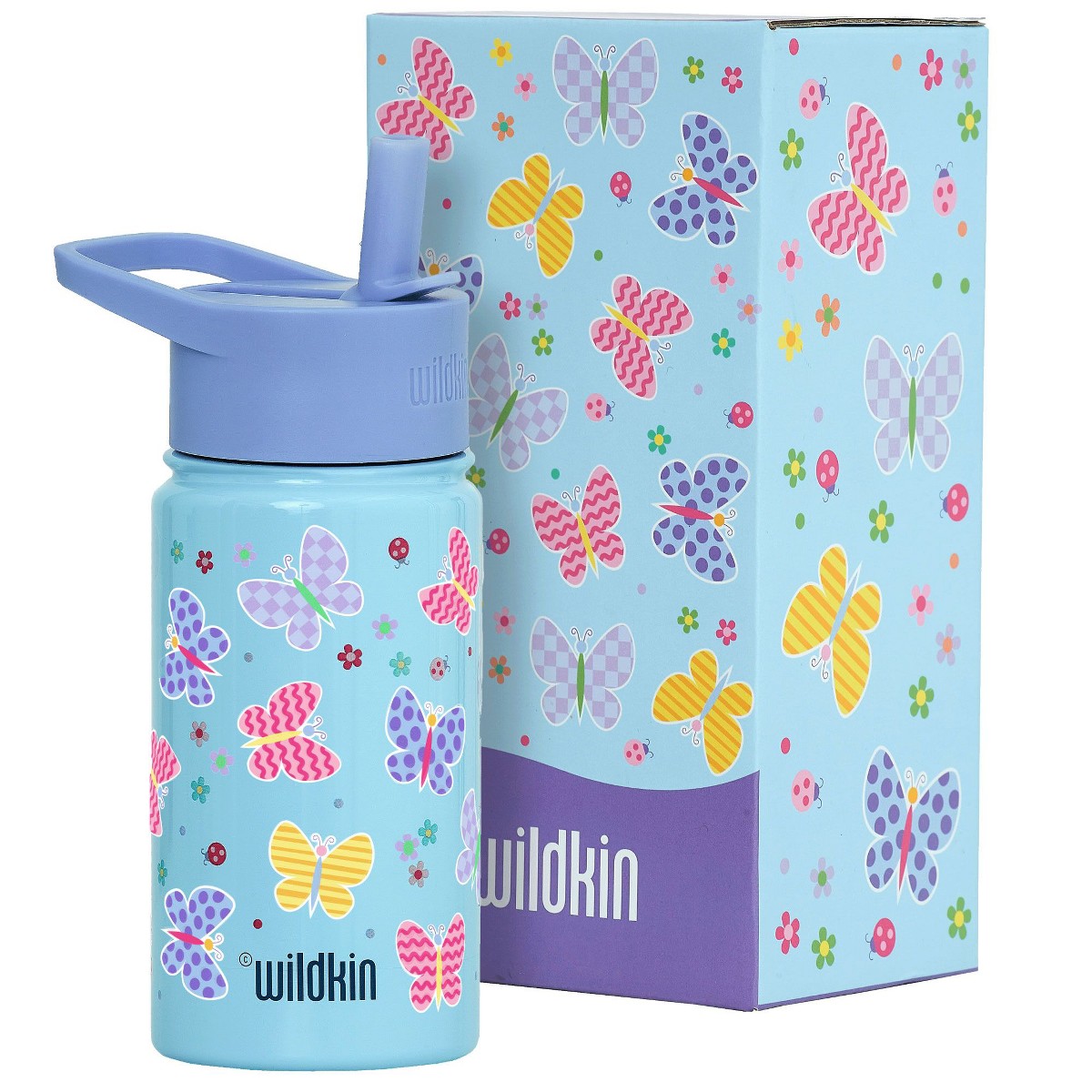 Botella térmica infantil Wildkin 14 oz diseño Butterfly Garden Blue #color_WIK Butterfly Garden Blue