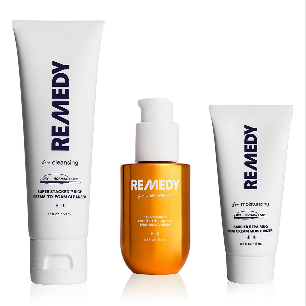 Contenido del kit facial Remedy Skin de 3 pasos para luminosidad e hidratación