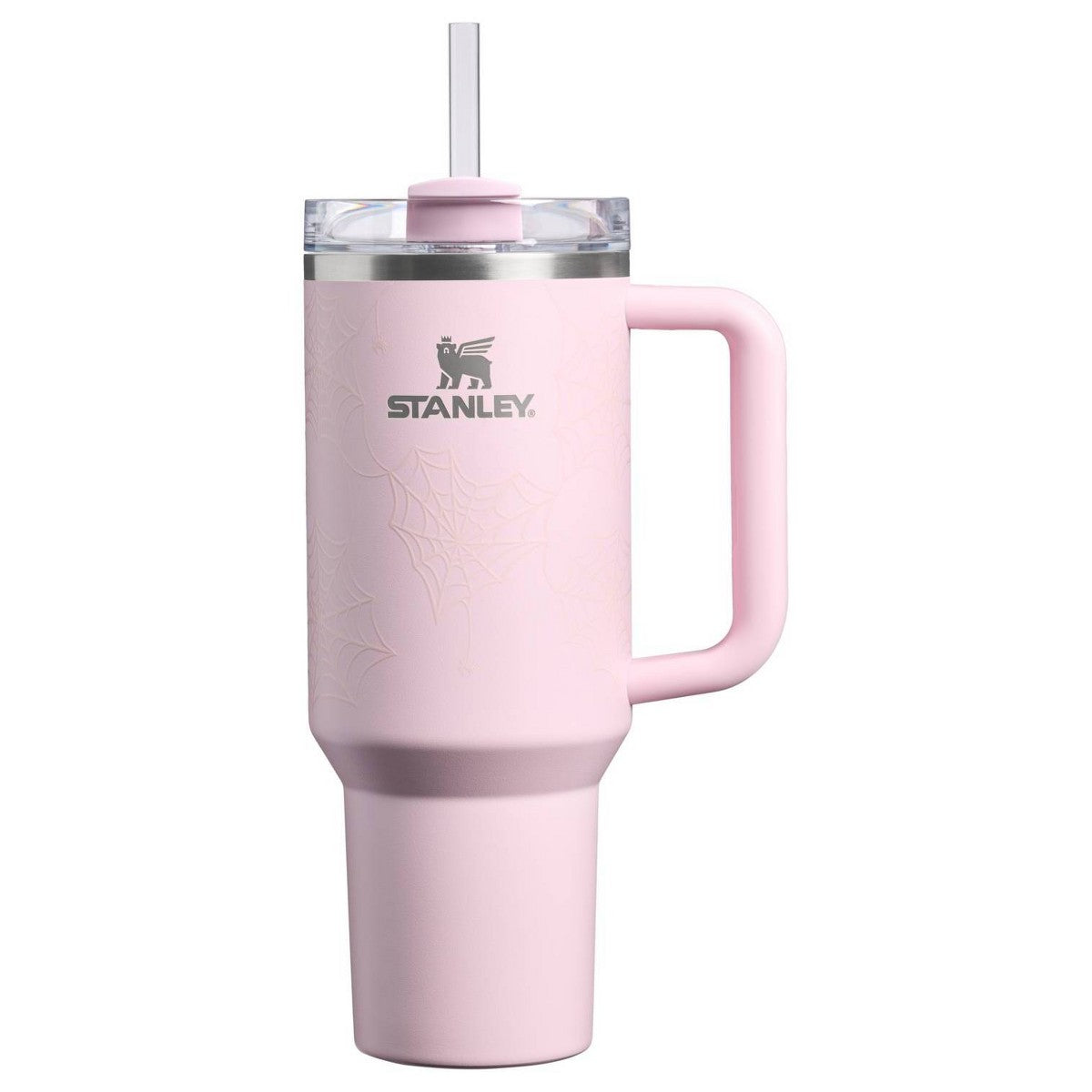 Termo Stanley Quencher de 40 oz Pink Sugar Spider Webs, vista frontal rosa con asa y popote #tamaño_1183 ml / 40 oz