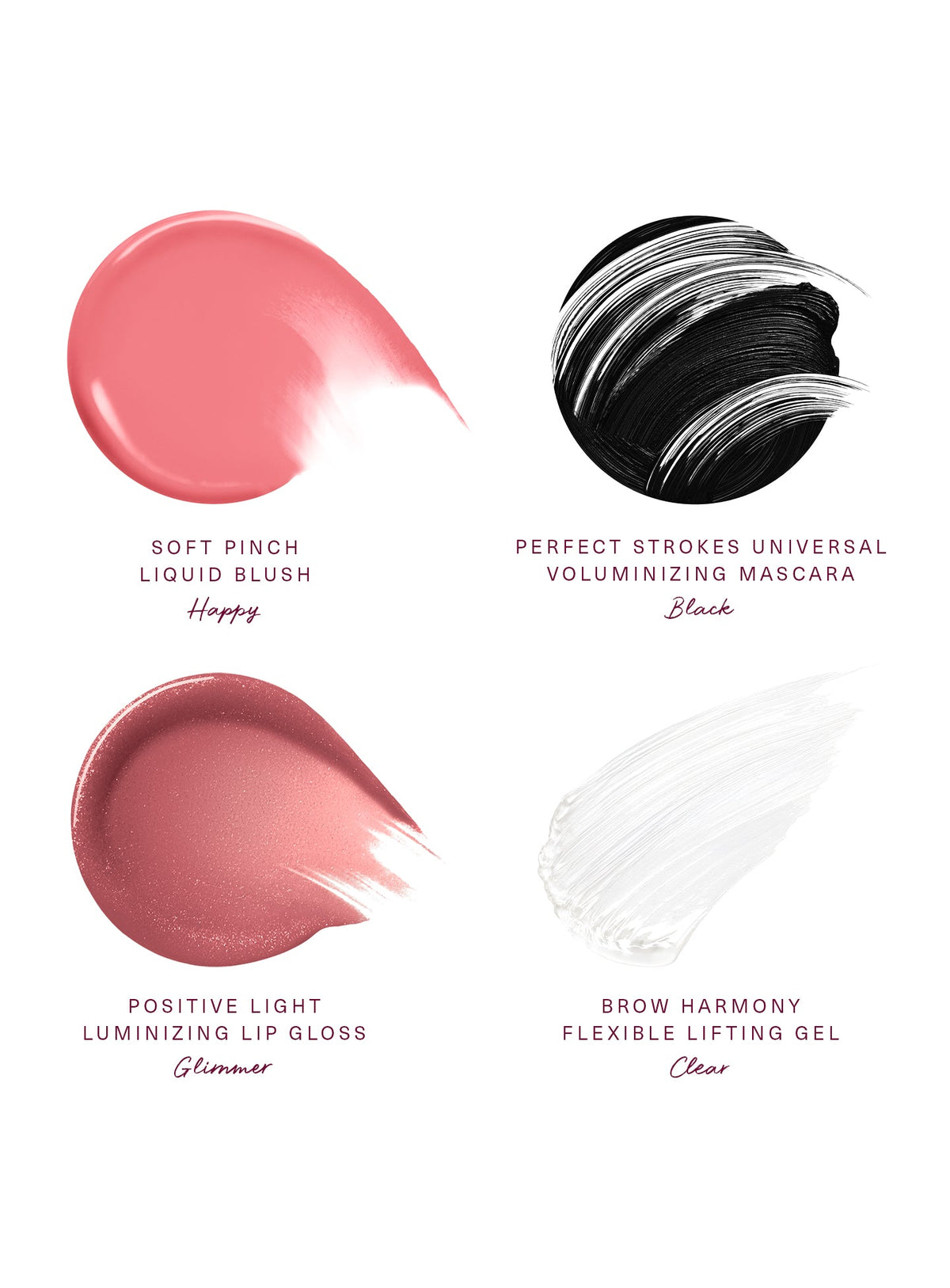 Texturas del set Rare Beauty: rubor rosa Happy, gloss Glimmer con destellos, máscara Black y gel transparente Brow Harmony