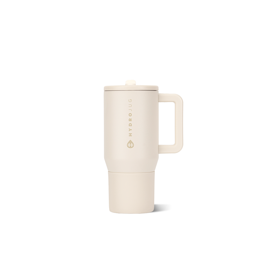 Termo con popote HydroJug Traveler de 592 ml en color Cream, vista frontal con asa #color_Cream