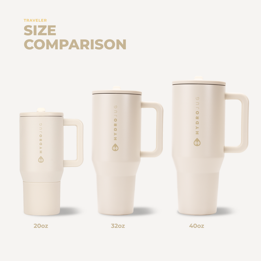 Comparativa de tamaños HydroJug Traveler en color Cream: 20, 32 y 40 oz; esta ficha corresponde a 20 oz #color_Cream