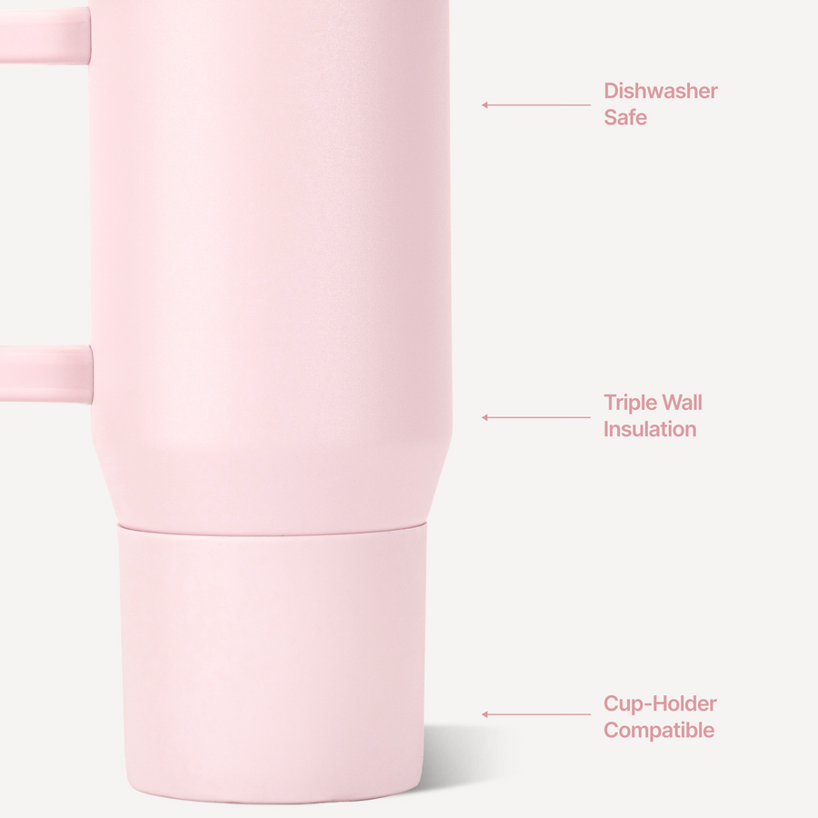 Acercamiento al cuerpo y la base del termo HydroJug Traveler Pink Sand, con indicaciones de sus características #color_Pink Sand
