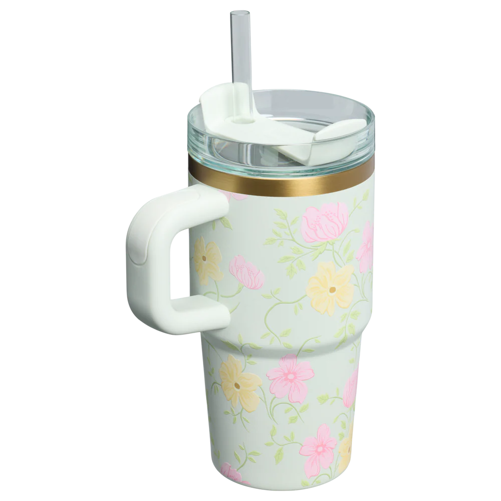 tumbler Stanley con asa y popote diseño floral pastel
