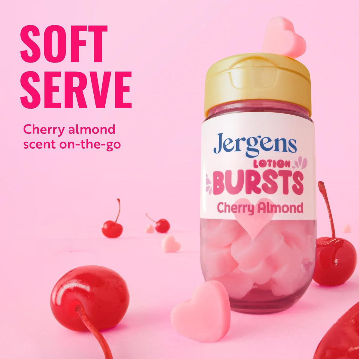 Jergens Cherry Almond Lotion Bursts cápsulas rosadas con fragancia Cherry Almond para el cuidado corporal