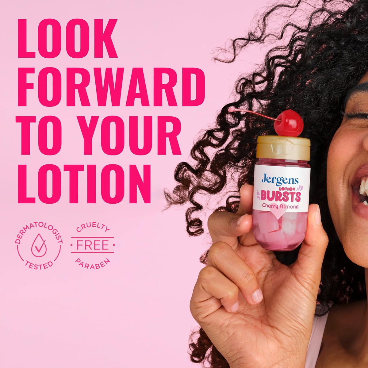 Jergens Cherry Almond Lotion Bursts hidratante para piel con cápsulas en forma de corazón
