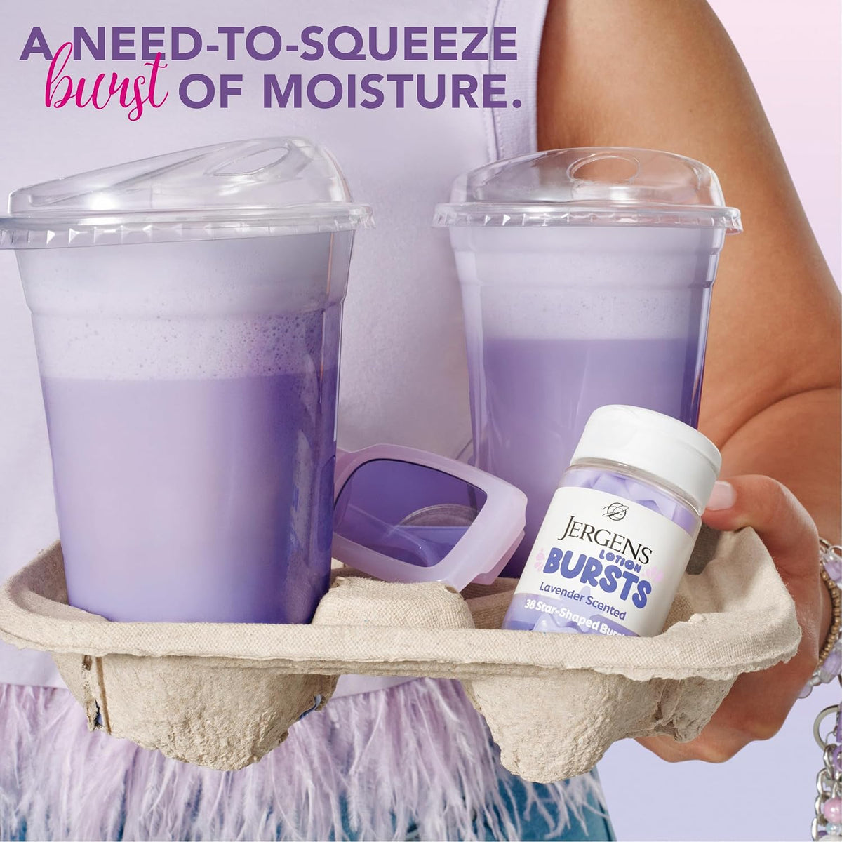 Jergens Lavender Lotion Bursts cápsulas suaves moradas con aroma a lavanda