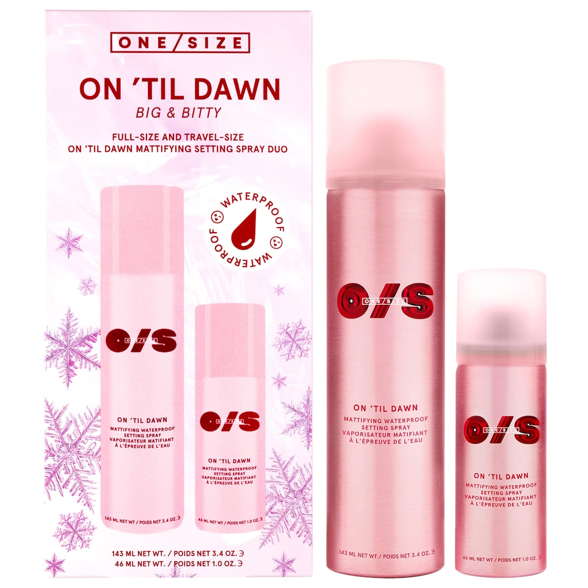 ONE/SIZE On 'Til Dawn Big & Bitty Duo con dos sprays fijadores matificantes tamaño completo y de viaje