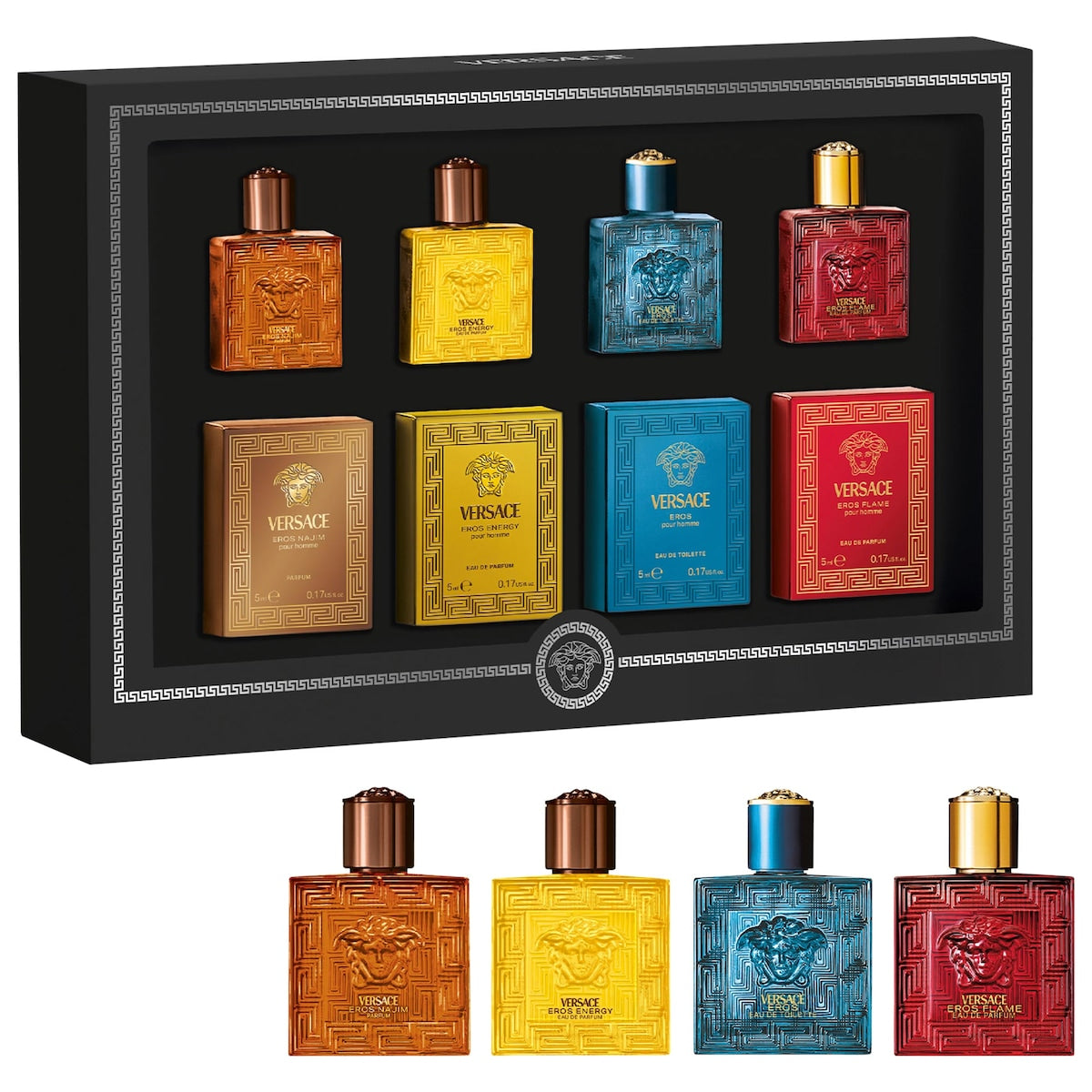 Versace Mini Cologne Sampler Gift Set con cuatro perfumes Eros mini de 5 ml para hombre