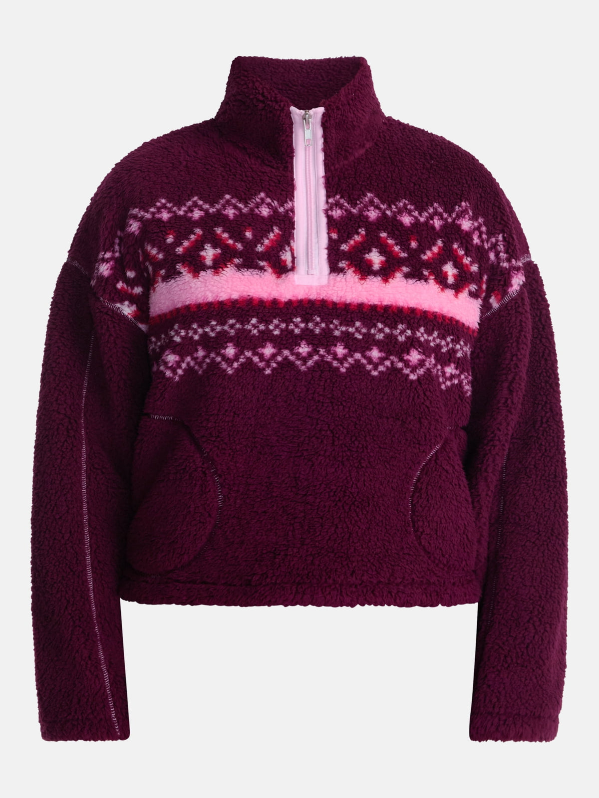 No Boundaries Faux Shearling Plush Pullover para mujer, NOB Dark Cherry Fairisle, fotografía complementaria de la sudadera #color_NOB Dark Cherry Fairisle