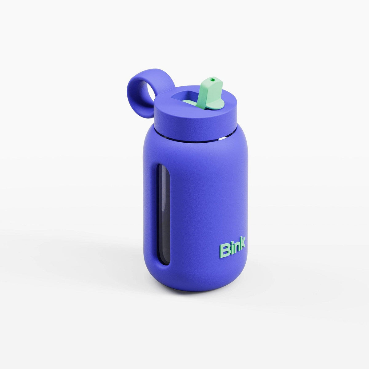 Botella infantil de vidrio Bink Navy en azul índigo con boquilla verde y tapa abatible #color_BINK Navy